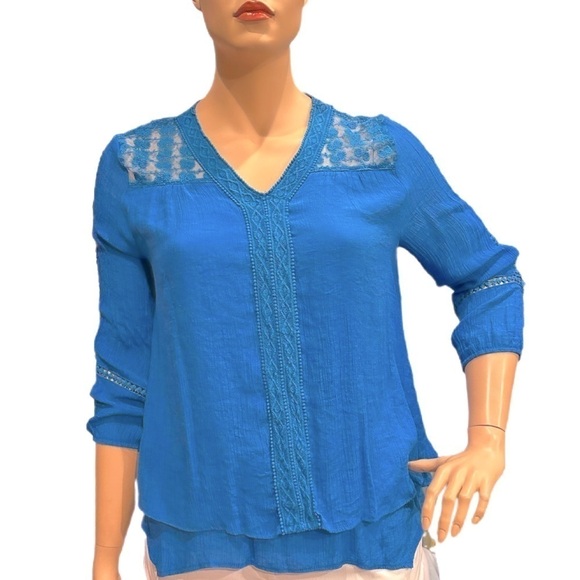 Style & Co Boho Lace Inset Shirt Size XL Turquoise/Aqua V-Neck, Layered Look Hem - Picture 1 of 12